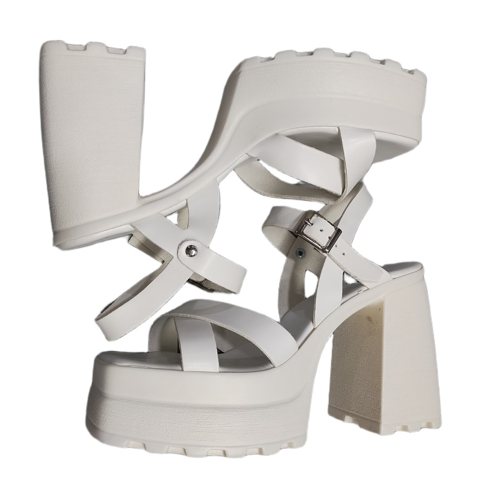 ASOS Design Platform Block Heel Sandals Womens US 4 White Open Toe Buckle Strap